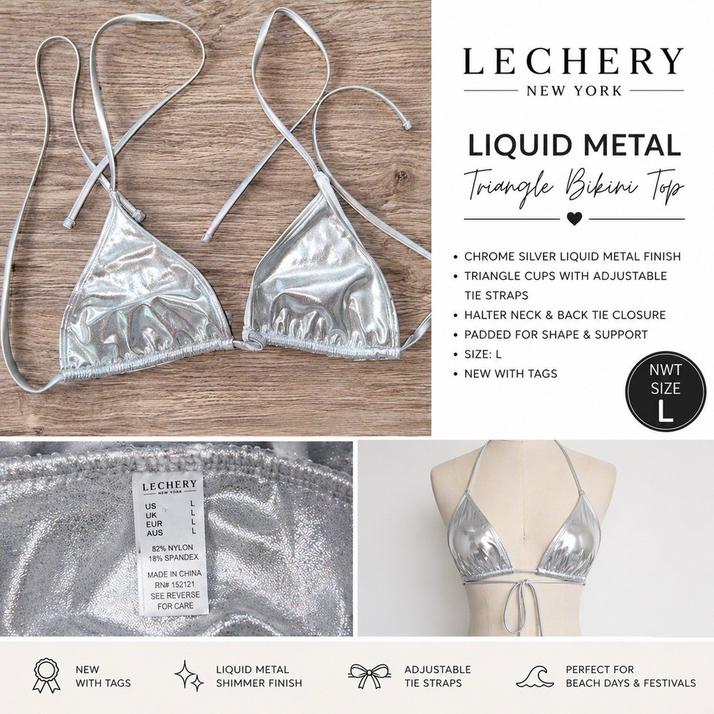 Lechery Liquid Metal Triangle Bikini Top Chrome Silver Size L NWT Swim